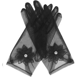 Women's Short Floral Black Diamond Flower Gloves Tulle Tea Opera Party Elegant